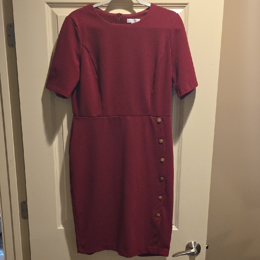 London Times Rich Red Button-Accent Midi Dress